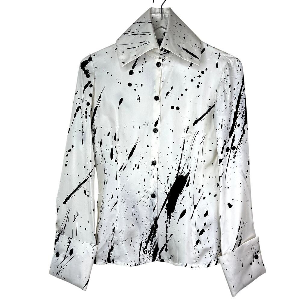 TOMASO Stefanelli 100% Silk Button Blouse Long Sleeve White Black Paint Splatter